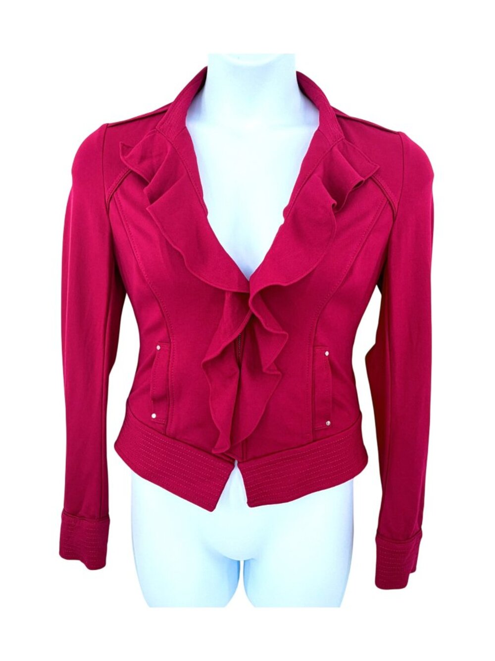 White House Black Market Cranberry Red Ruffle Front Jacket - 4
